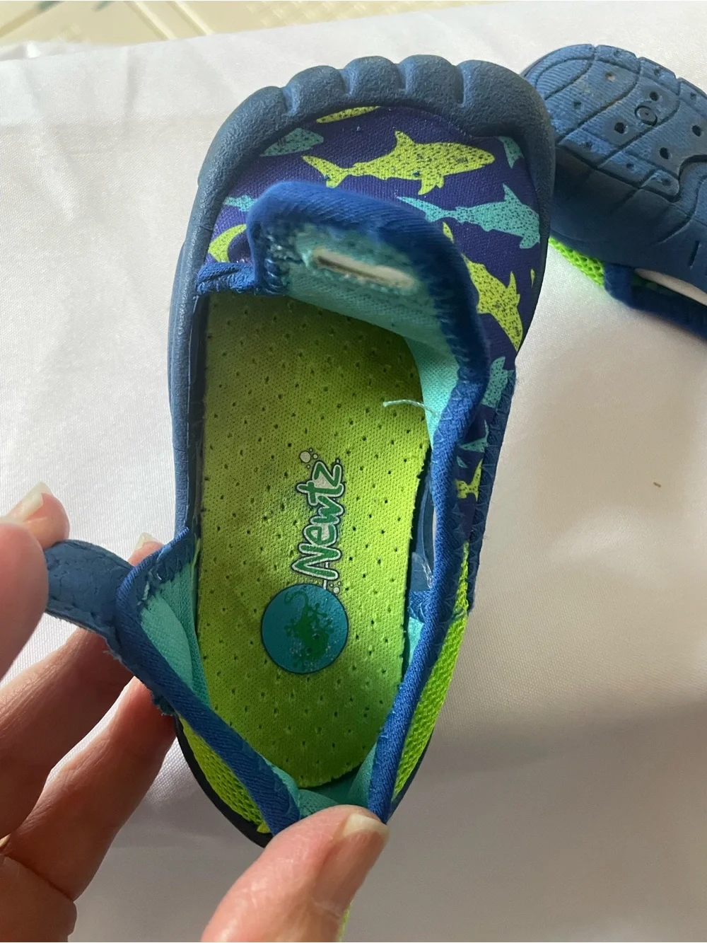 Newtz Kids Navy Shark-Print Velcro Water Shoes with Lime Accents, Size 5/6
